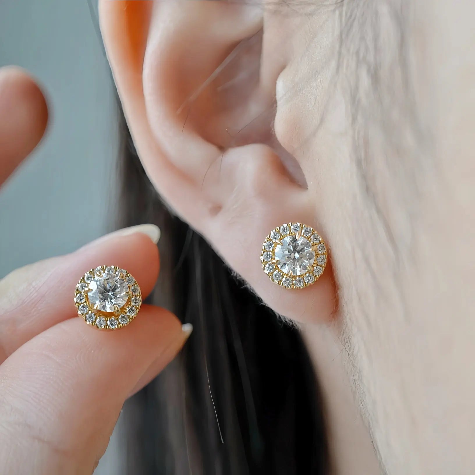 Boucles d'oreilles Elise - Diamant de laboratoire - Rond 0,5 carat (2 X) - Halo modulable - Or jaune 18K Diamelys