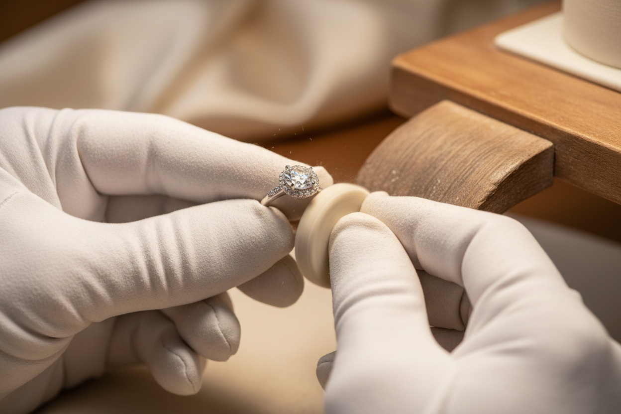 A luxurious close-up of a jeweler’s hands gently polishing a diamond ring using a professional polishing tool or soft buffing wheel. The jewelry should sparkle subtly under warm, focused lighting, highlighting the renewed shine and smoothness of the metal. The background is minimal and elegant soft beige, ivory, or champagne tones to convey premium care and precision craftsmanship. The overall mood should feel refined, meticulous, and high-end, reflecting DIAMELYS’ member-exclusive service. No text, no logo