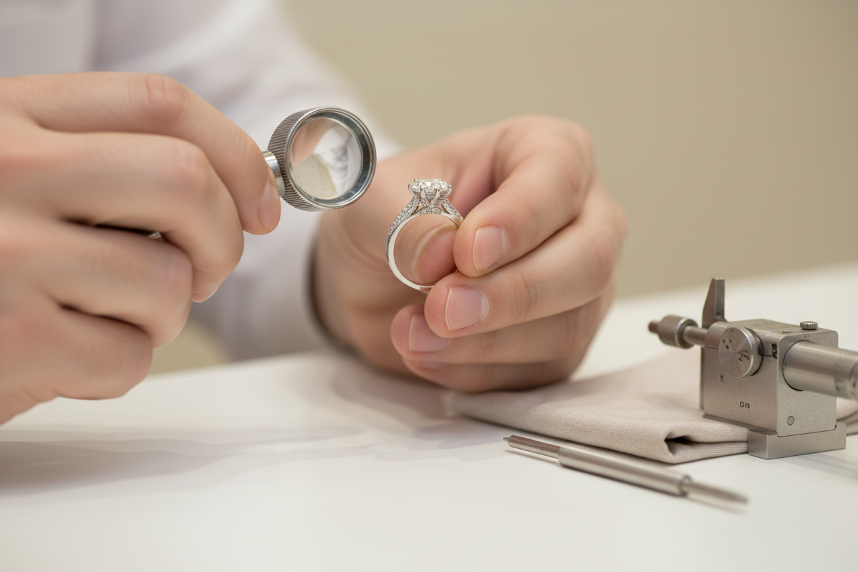 A refined, educational-style close-up showing a jeweler examining a ring under a magnifying loupe or soft overhead light, emphasizing the delicate surface of the metal. The image should subtly convey the concept of precision and the gentle removal of a thin metal layer—without showing damage—through tools like a fine polishing cloth, microlathe, or measuring caliper placed nearby. Use a clean, minimal background in soft ivory or champagne tones to maintain Diamelys’ luxurious aesthetic. 