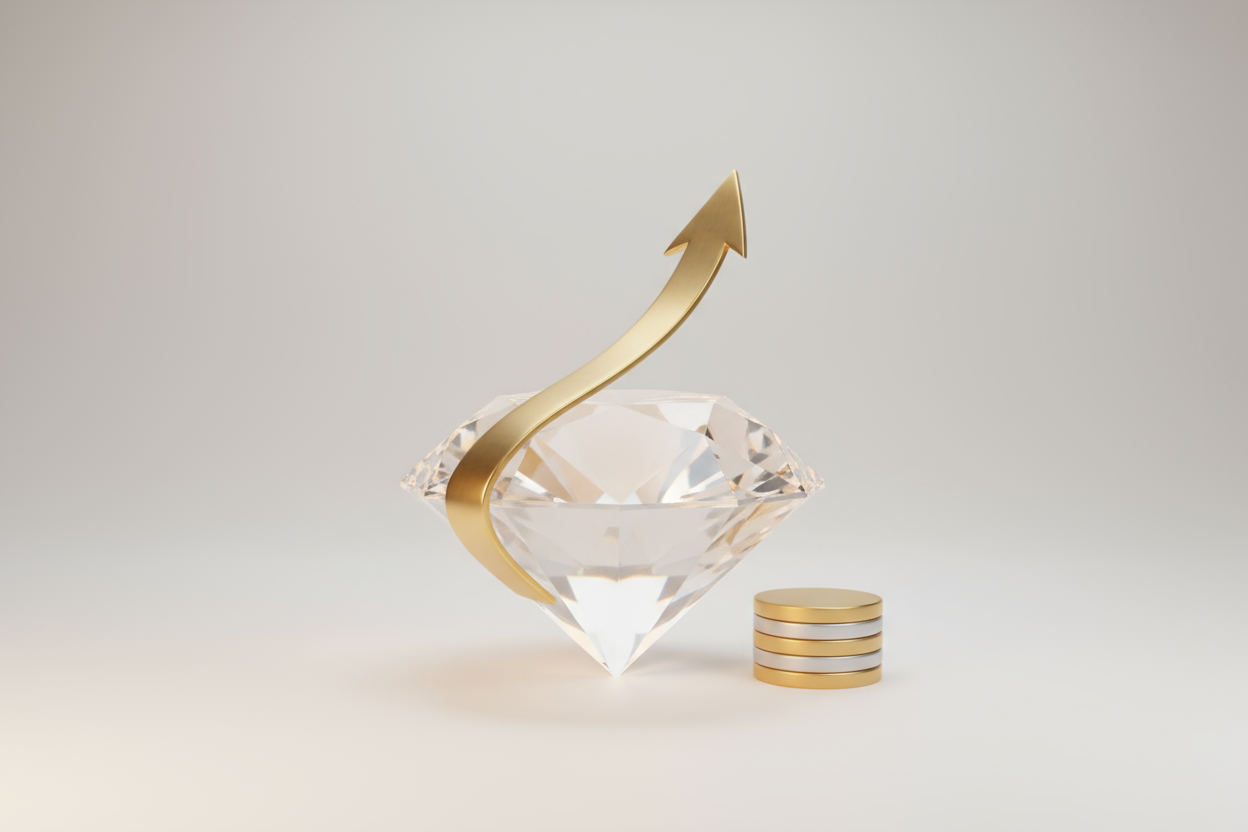 A sleek, minimalist representation of financial growth or rewards. The image could feature a diamond with an upward-pointing arrow or a subtle stack of coins alongside it, symbolizing the potential for earnings and success. The focus is on clarity, with soft lighting and a clean, modern aesthetic that conveys professionalism and opportunity. Square aspect ratio (1:1).
