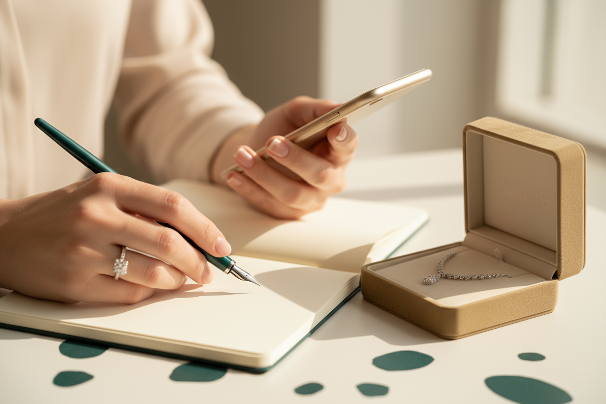 A sophisticated, minimalist hero banner image for a luxury jewelry brand. A close-up of a woman’s hand gracefully holding a phone or writing on a soft notepad beside a diamond ring and jewelry box. The scene is bathed in natural, warm light with a soft ivory and champagne background. The composition evokes trust, connection, and personal care — symbolizing attentive customer service and refined elegance. Color accent in #05725F tones. No text, logo, or watermark.